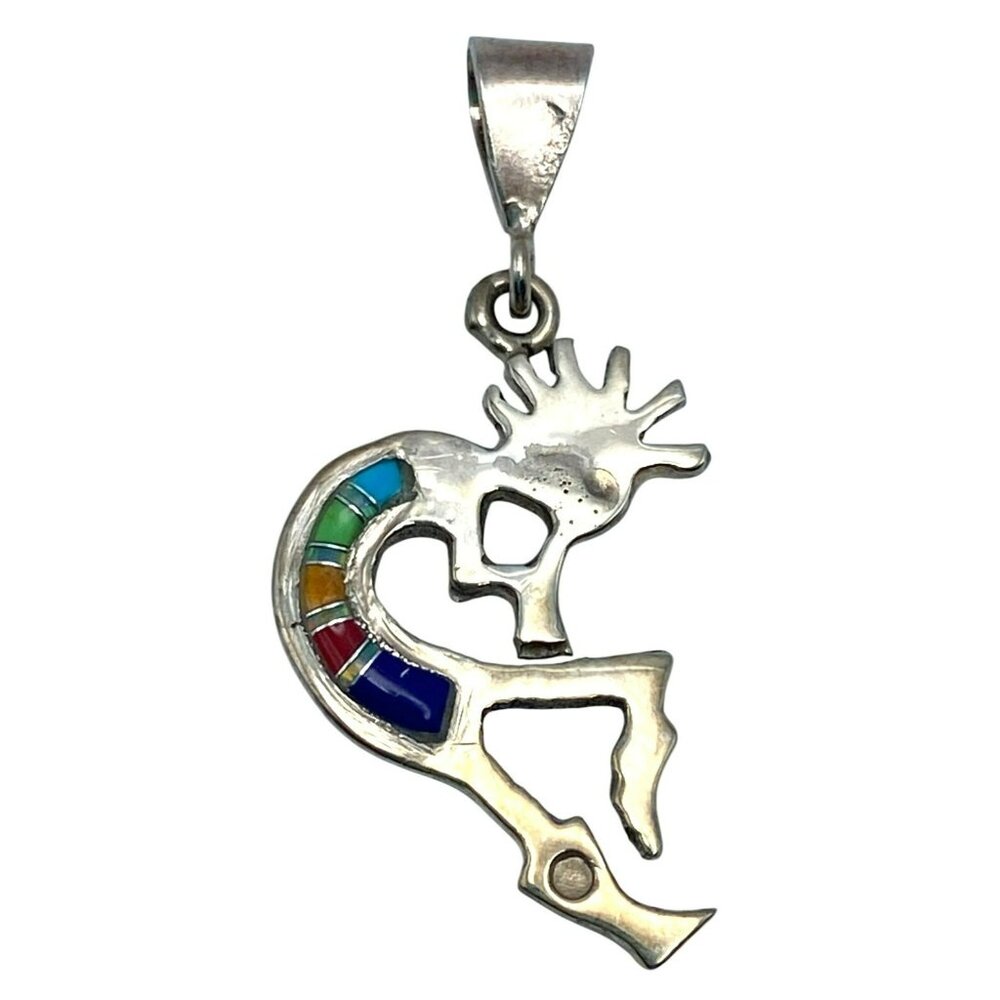Navajo Multicolor Kokopelli Pendant Inlay Sterling Silver Fertility Kachina - Picture 1 of 3